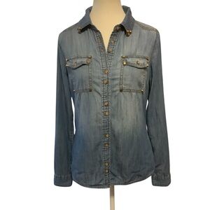 LIFE IN PROGRESS BLUE DENIM BUTTON-UP LONG SLEEVE SHIRT WITH GOLD ACCENTS/Size S